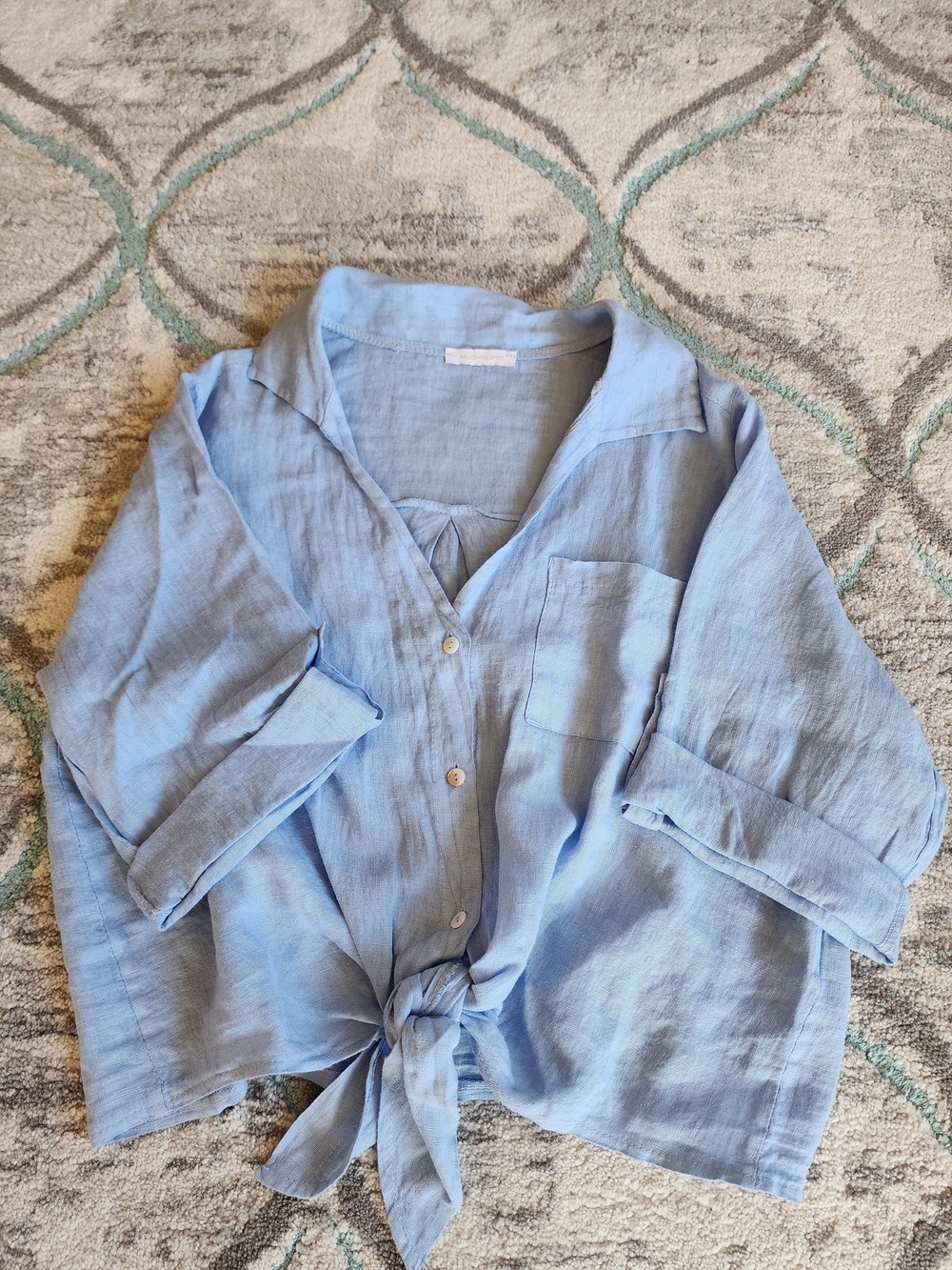 Milio Milano 100% Linen Front Tie Button Shirt Cottagecore, Blue S/M Vacation - Picture 8 of 14